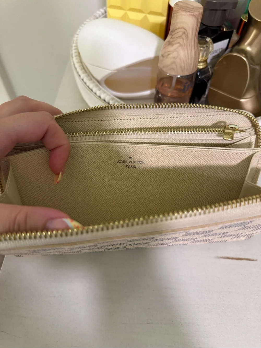 Louis Vuitton Damier Azur Check Zip Wallet in Cream and Gray